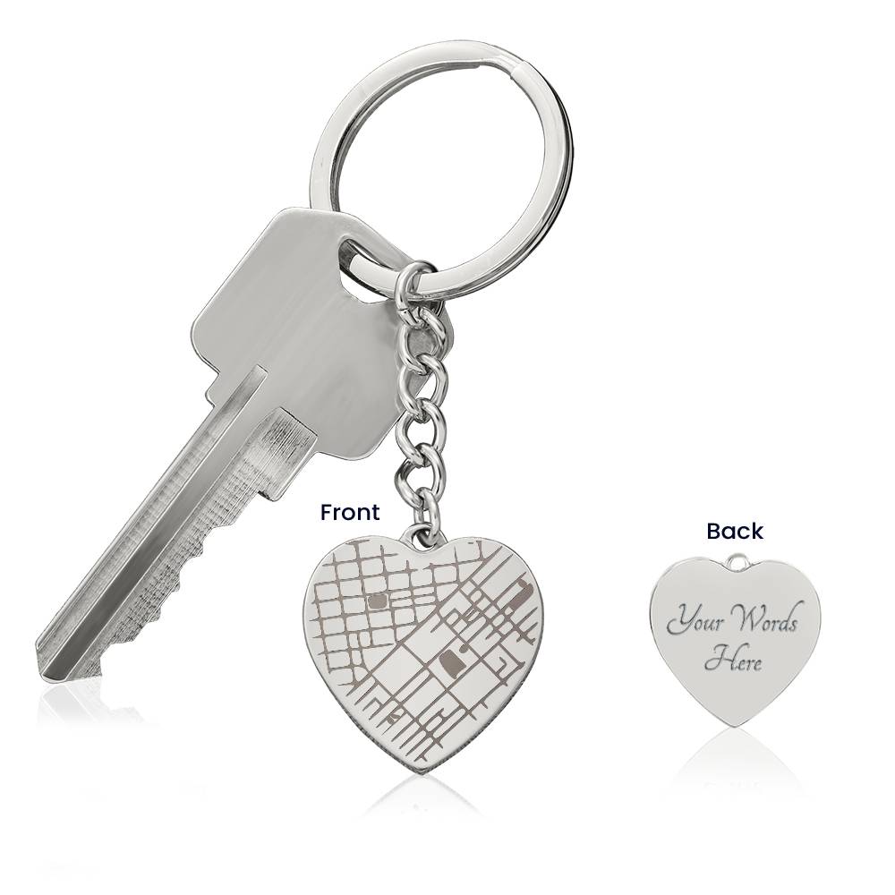 Engraved Map on Heart Keychain